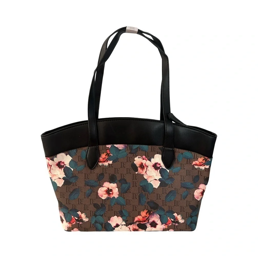 London Fog Floral Logo Tote Bag Brown Black Gold Large Shoulder Handbag